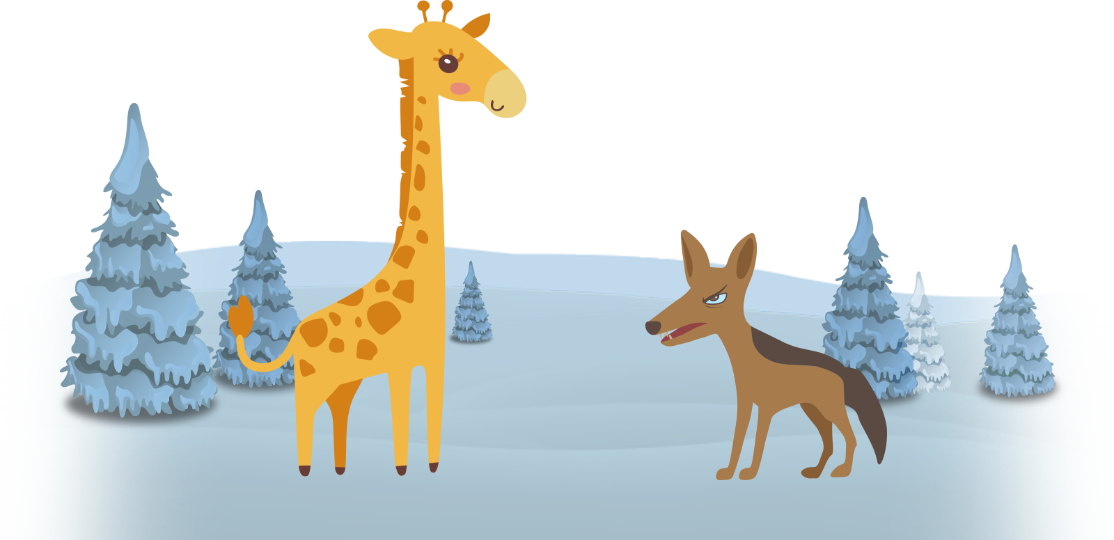 giraffe and jackal in a winter wonderland
